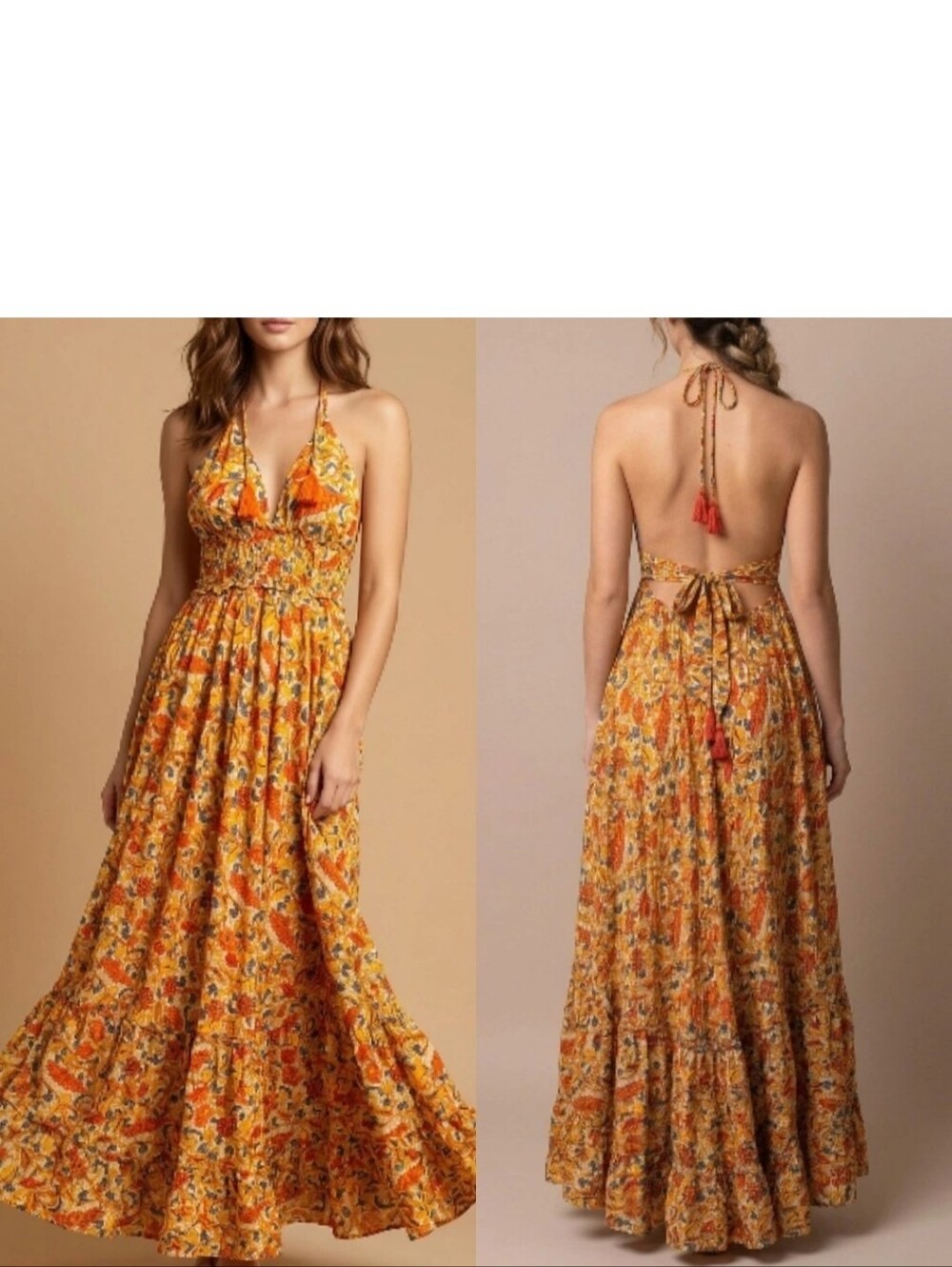 Boho Floral Halter Maxi Dress Smocked Tiered Flowy Ruffled Gypsy Sundress! S